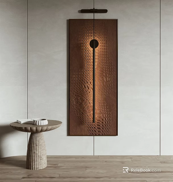 Textured Brown Decorative Panel With Circular Hole And Vertical Line Near Modern Side Table 3d model 