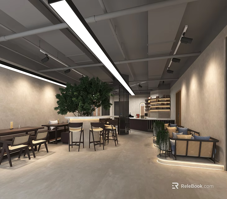 Modern Restaurant Interior Design With Large Tree Bar Counter Bar Stools And Sofa Area 3d model