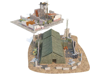 Outdoor Campsite Scene With Green Tent Stone Fence Communication Tower And Field Gear 3d model