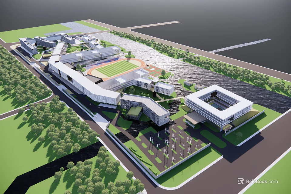 Modern School Campus Buildings Architectural Design With Sports Field Green Spaces And Water Area 3d model 