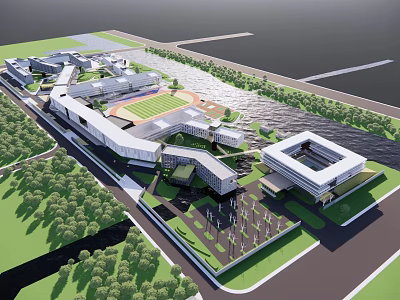 Modern School Campus Buildings Architectural Design With Sports Field Green Spaces And Water Area 3d model