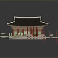 Traditional Korean Architecture With Red Pillars Black Roof Curved Eaves And Wooden Components