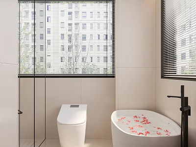 Modern Bathroom Interior Featuring White Toilet Freestanding Bathtub Red Petals Blinds And High Rise View 3d model
