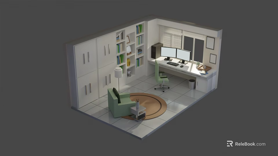 Cartoon Style Home Office Interior With Bookshelf Desk Computer Green Chair And Round Rug 3d model 