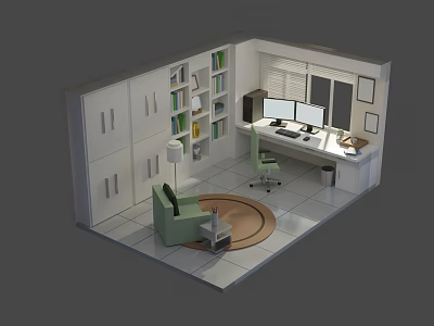 Cartoon Style Home Office Interior With Bookshelf Desk Computer Green Chair And Round Rug 3d model
