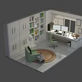 Cartoon Style Home Office Interior With Bookshelf Desk Computer Green Chair And Round Rug