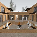 Earthen Courtyard Architecture With Open Space Fire Pit People Sitting And Trees