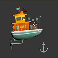 Colorful Toy Boat With Yellow Top Orange Body Green Bottom White Propeller And Blue Anchor