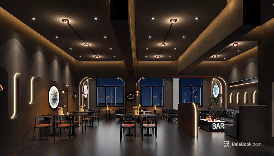 Modern Bar Interior Design With Stylish Lighting Fixtures Tables Chairs Bar Counter And Windows 3d model 