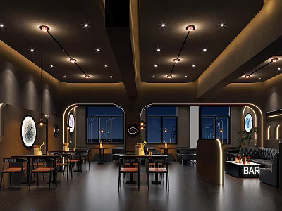 Modern Bar Interior Design With Stylish Lighting Fixtures Tables Chairs Bar Counter And Windows 3d model