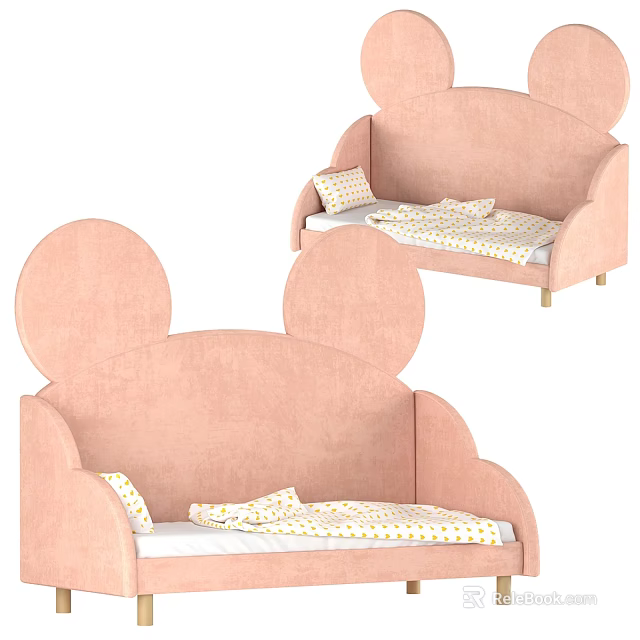 Soft Pink Velvet Upholstered Mouse Ear Baby Bed With Lovely Printed Nursery Bedding 3d model 