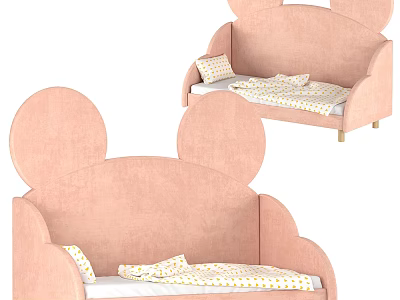 Soft Pink Velvet Upholstered Mouse Ear Baby Bed With Lovely Printed Nursery Bedding 3d model