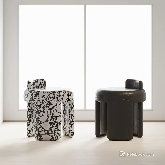 Two Modern Stools Black White Patterned and Solid Black in Bright Interior 3d model