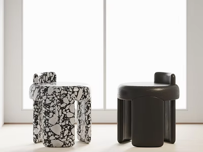 Two Modern Stools Black White Patterned and Solid Black in Bright Interior 3d model