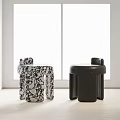 Two Modern Stools Black White Patterned and Solid Black in Bright Interior 3d model