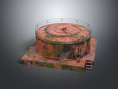 Rusted Circular Storage Tank With Metal Railing Platform Base And Ladder 3d model
