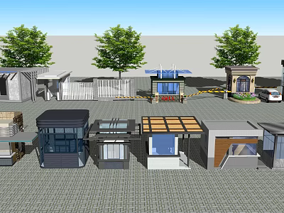 Varied Small Modular Buildings With Trees Fence And Vehicle In Paved Area 3d model