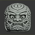 White Carved Sculpture Featuring Intricate Facial Patterns Exaggerated Eyes And Sharp Teeth