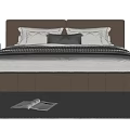 Modern Brown Double Bed with Upholstered Headboard White Sheets Gray Pillows Nightstands and Striped Rug