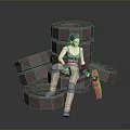 3D Model Scene With Brown Circular Rings Character Sitting And Pink Tool