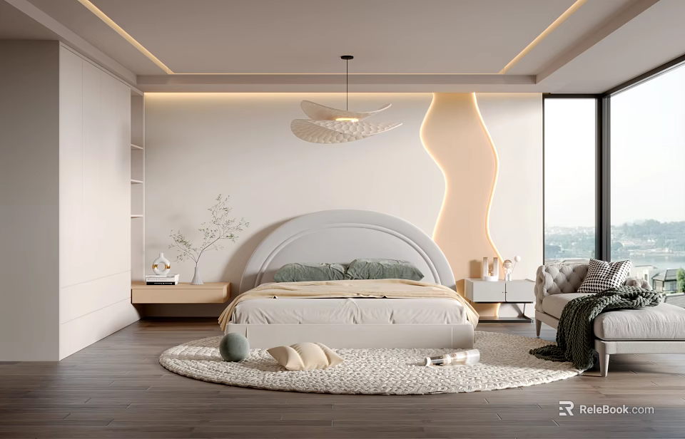 Modern Bedroom Interior Design With Curved Headboard Curved LED Lighting And Large Windows 3d model 