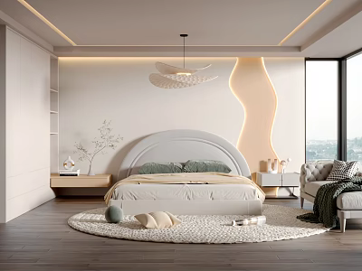 Modern Bedroom Interior Design With Curved Headboard Curved LED Lighting And Large Windows 3d model