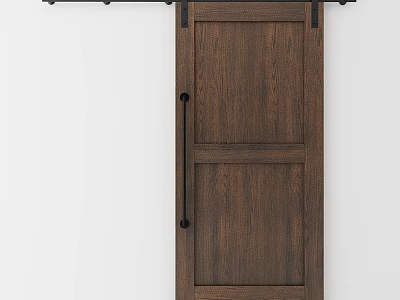 Brown Wooden Hinged Door Modern Design With Black Handle Sliding Track Against White Wall 3d model