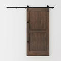 Brown Wooden Hinged Door Modern Design With Black Handle Sliding Track Against White Wall