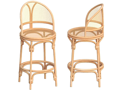 Elegant Rattan Bar Stools With Light Wood Frame And Curved Backrest Design 3d model