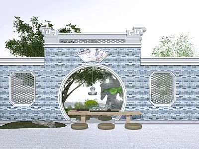 Chinese Style Courtyard Tea Table and Chairs with Blue Brick Wall and Round Arch 3d model