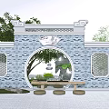Chinese Style Courtyard Tea Table and Chairs with Blue Brick Wall and Round Arch