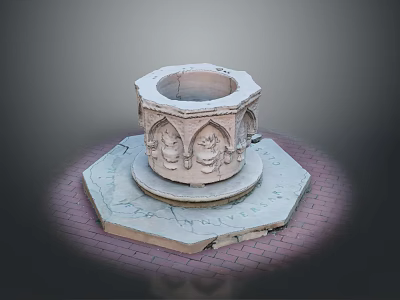 Ancient Stone Well With Intricate Carved Figures On Octagonal Brick Platform 3d model