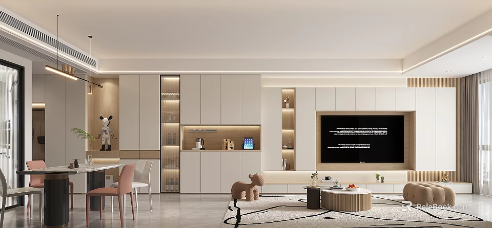 Modern Minimalist Living And Dining Room With White Cabinets TV Backdrop And Dining Table 3d model 