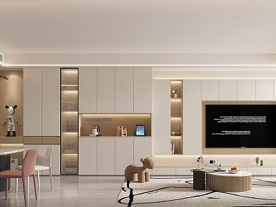 Modern Minimalist Living And Dining Room With White Cabinets TV Backdrop And Dining Table 3d model