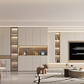 Modern Minimalist Living And Dining Room With White Cabinets TV Backdrop And Dining Table