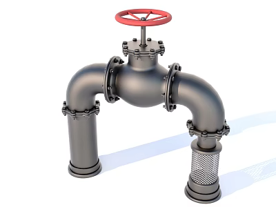 Industrial Valve And Pipe System With Red Handwheel Metal Flange Connections And Filter Strainer 3d model