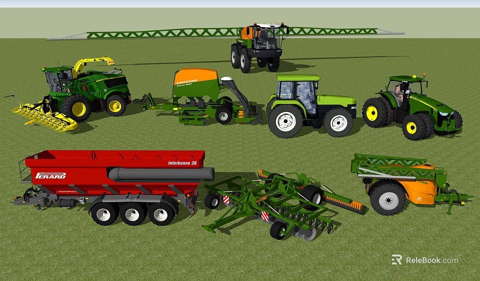Different Types of Agricultural Utility Vehicles Including Tractors Harvesters Seeders and Trailers 3d model 