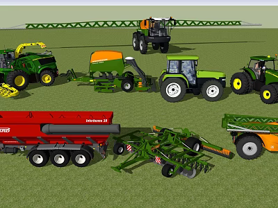 Different Types of Agricultural Utility Vehicles Including Tractors Harvesters Seeders and Trailers 3d model