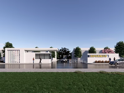 Modern White Entrance Gate With Green Trees Building People Walking And Car Nearby 3d model