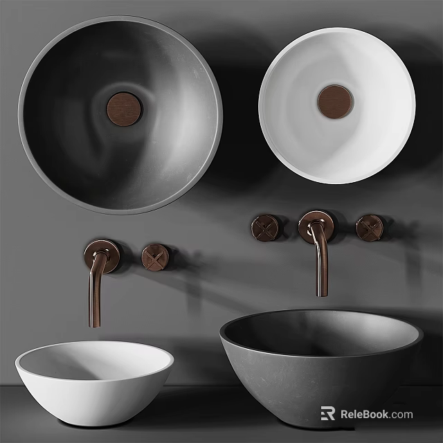 Modern Ceramic Washbasins in Gray and White with Copper Faucets and Knobs 3d model 