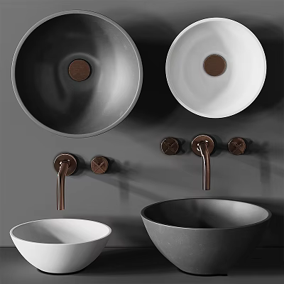 Modern Ceramic Washbasins in Gray and White with Copper Faucets and Knobs 3d model