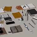 Various Office Supplies Including Notebooks Pens Watch Wallet Phone And Sunglasses