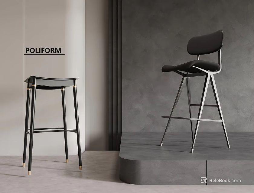 Poliform Modern Bar Stools With Black Leather Seats And Metal Legs Design 3d model 