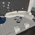 Modern Interior White L Shaped Sofa Round Coffee Table With Blue Accent Chair White Ottomans