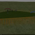 Outdoor Circular Green Lawn With Yellow Scaffolding Red Blue Arched Structures And People
