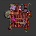 Enchanted Cartoon Scene Interior With Red Pointed Roofs Round Windows And Magic Potions