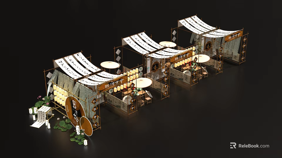 Traditional Market Stalls With Fabric Canopies Lanterns And Wooden Tables 3d model 