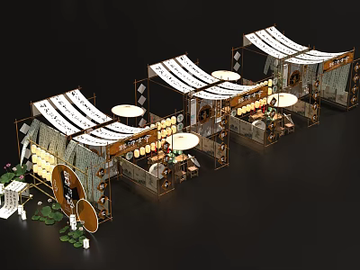 Traditional Market Stalls With Fabric Canopies Lanterns And Wooden Tables 3d model