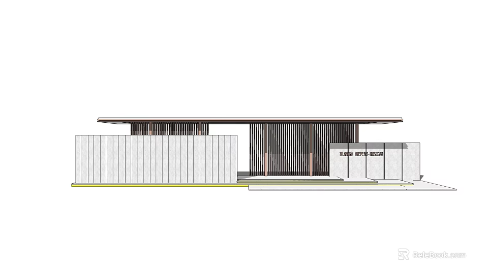 Modern Entrance Gate With Wooden Slats And Flat Roof Overhang White Wall 3d model 