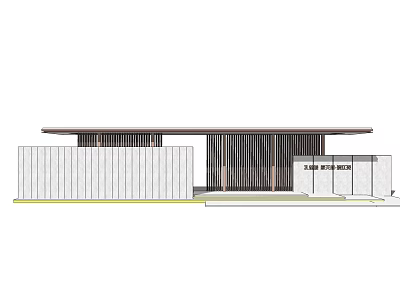 Modern Entrance Gate With Wooden Slats And Flat Roof Overhang White Wall 3d model